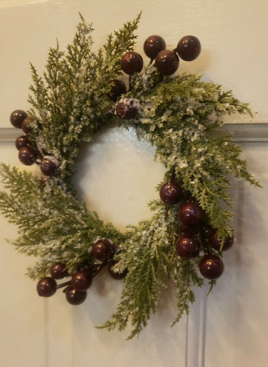 PAIR Farmhouse Primitive FROSTED CRANBERRY CEDAR PINE CANDLE RING 3″ CENTERS