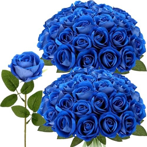 24 Blue Velvet Silk Roses – Realistic Artificial Flowers for Wedding Decor, Part