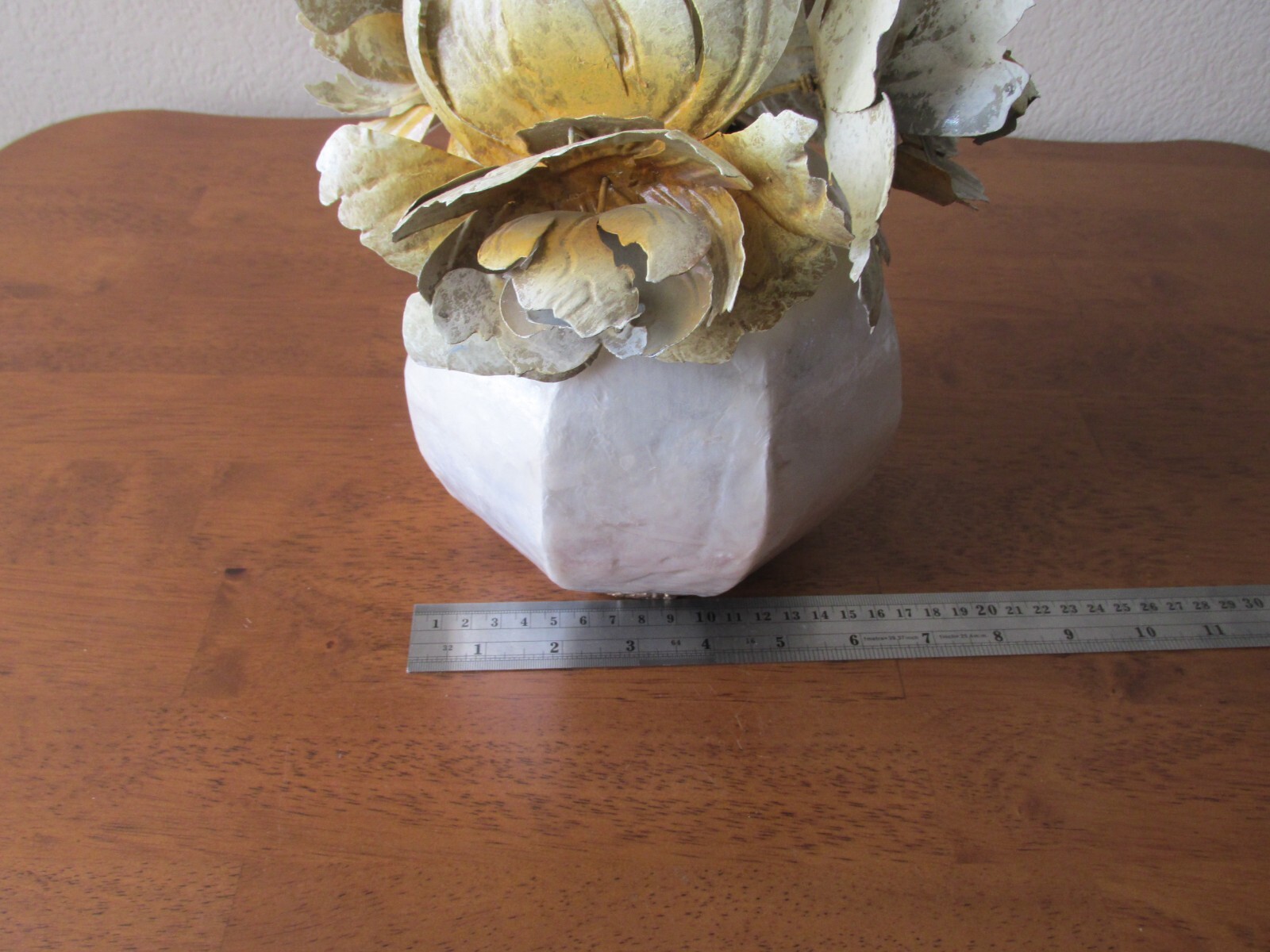 Metal Flower Arrangement 11” Tall Off white, Yellow, green with a meta Vase