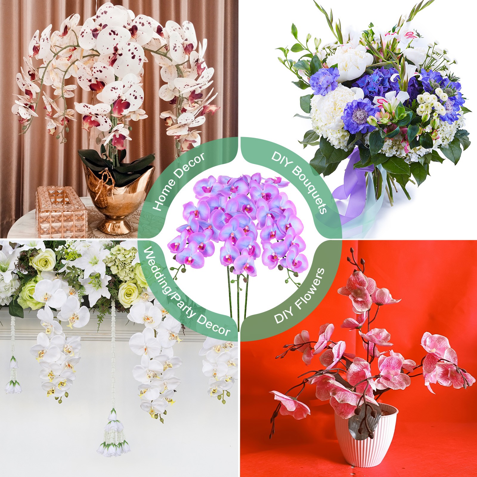 3-Pack Artificial Orchid Flowers 9 Large Petals for Home[Blue Purple]