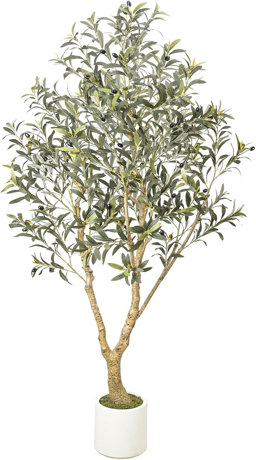 6FT Artificial Olive Tree with Elegant Planter & Moss, Faux Olive Tree Indoor wi