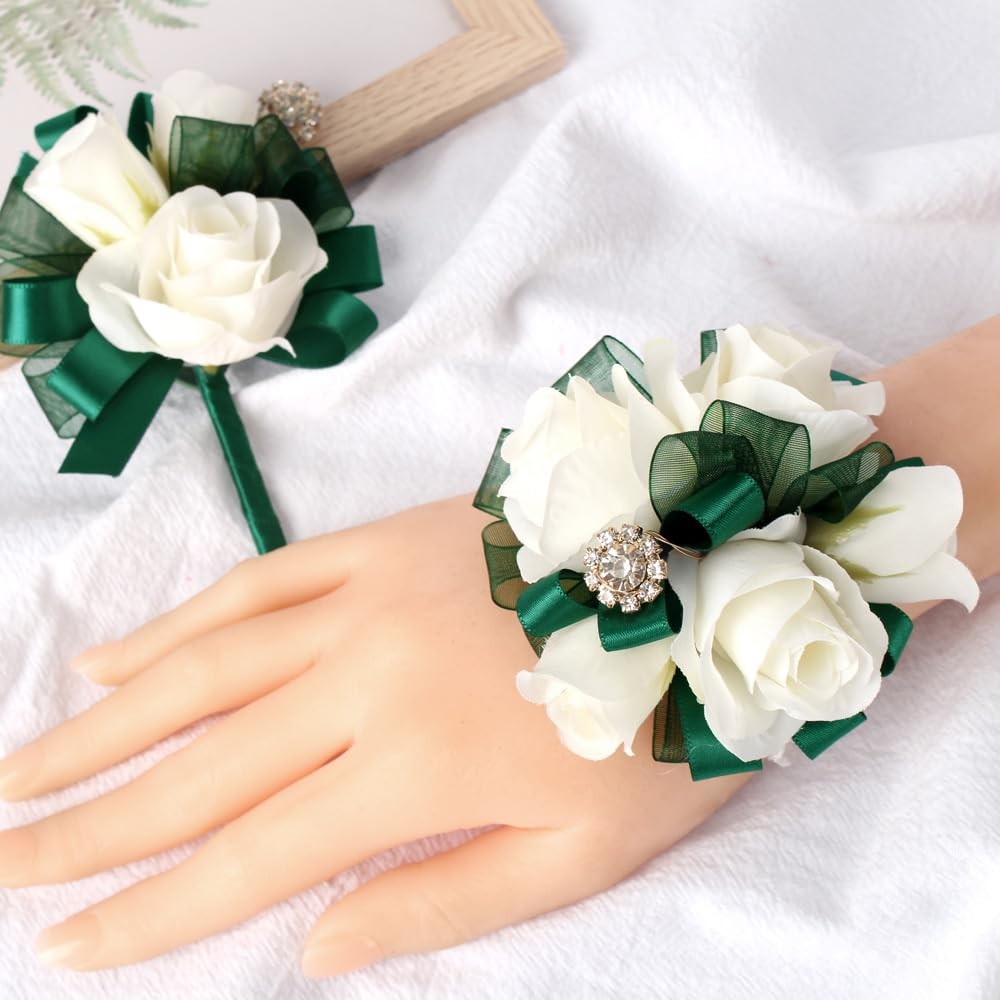 Ivory Rose Wrist Corsage And Boutonniere Set Artificial Wedding Green Prop