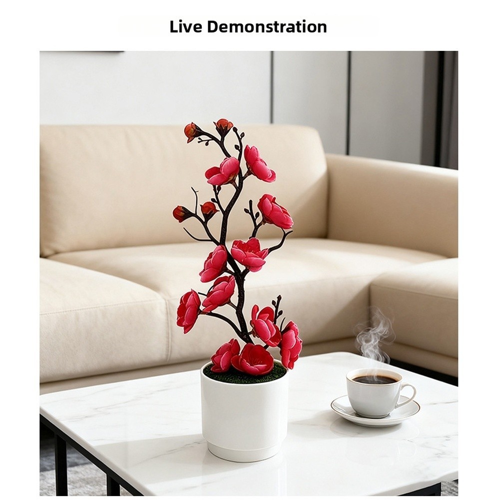 Plastic Potted Artificial Flower Bonsai with Natural-Looking Plum Blossom