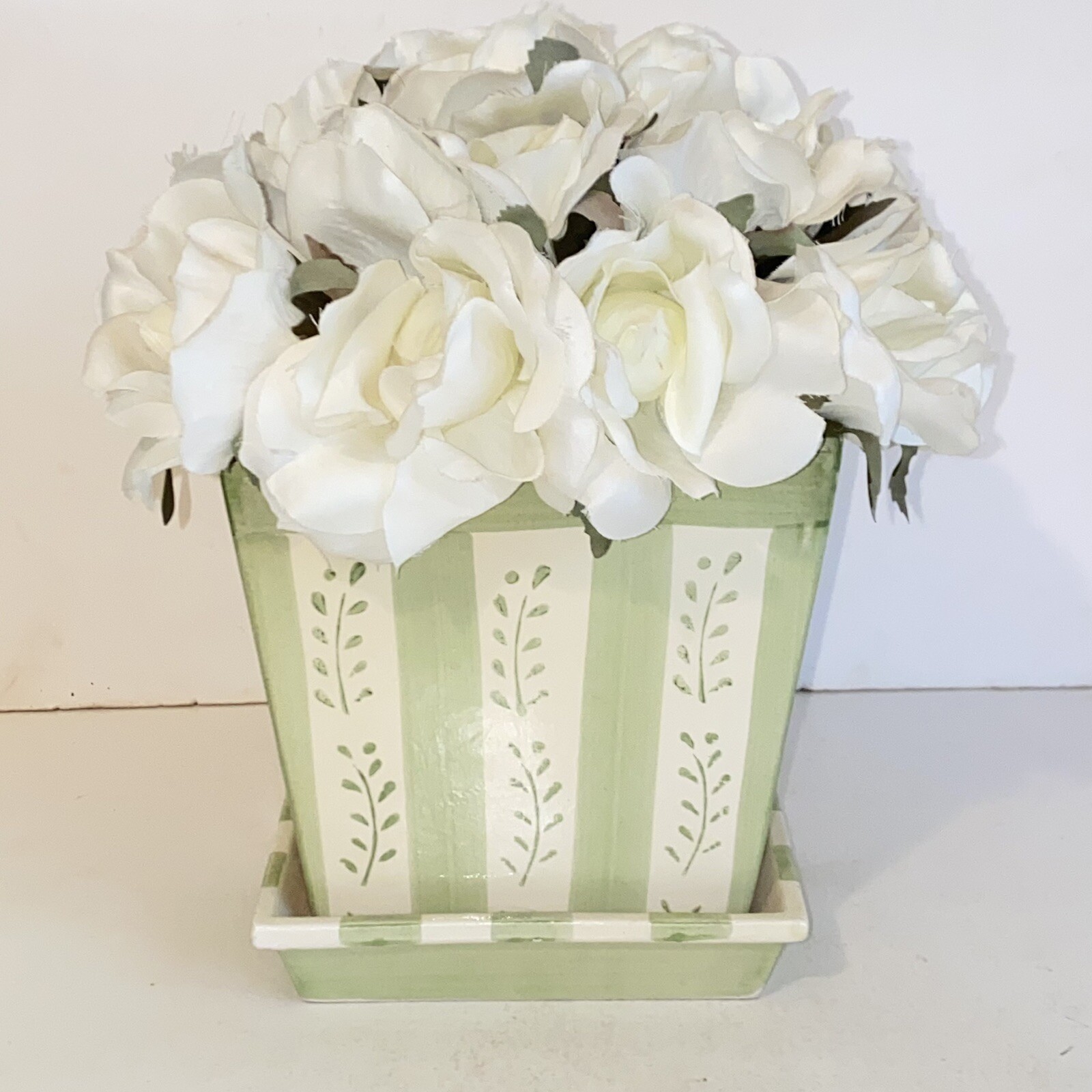 White Rose Floral Arrangement in Green & White Ceramic Holder Vase Planter