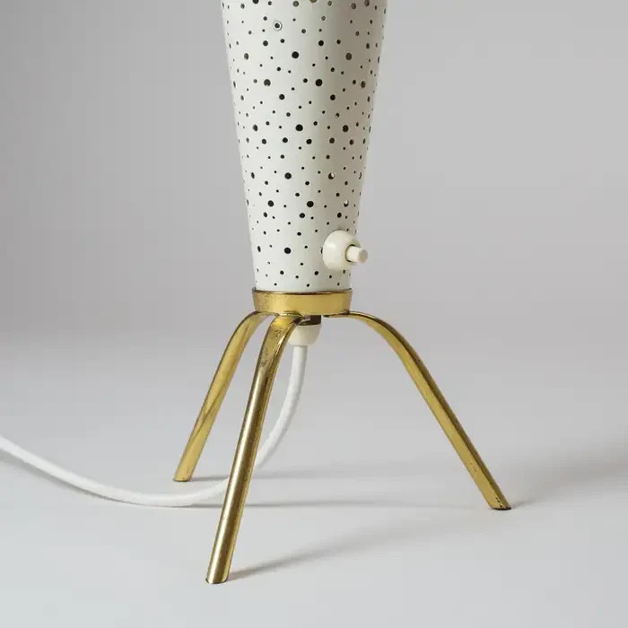 Mid-Century Modern Tripod Table Lamp – Perforated Metal Cone & Yellow UF