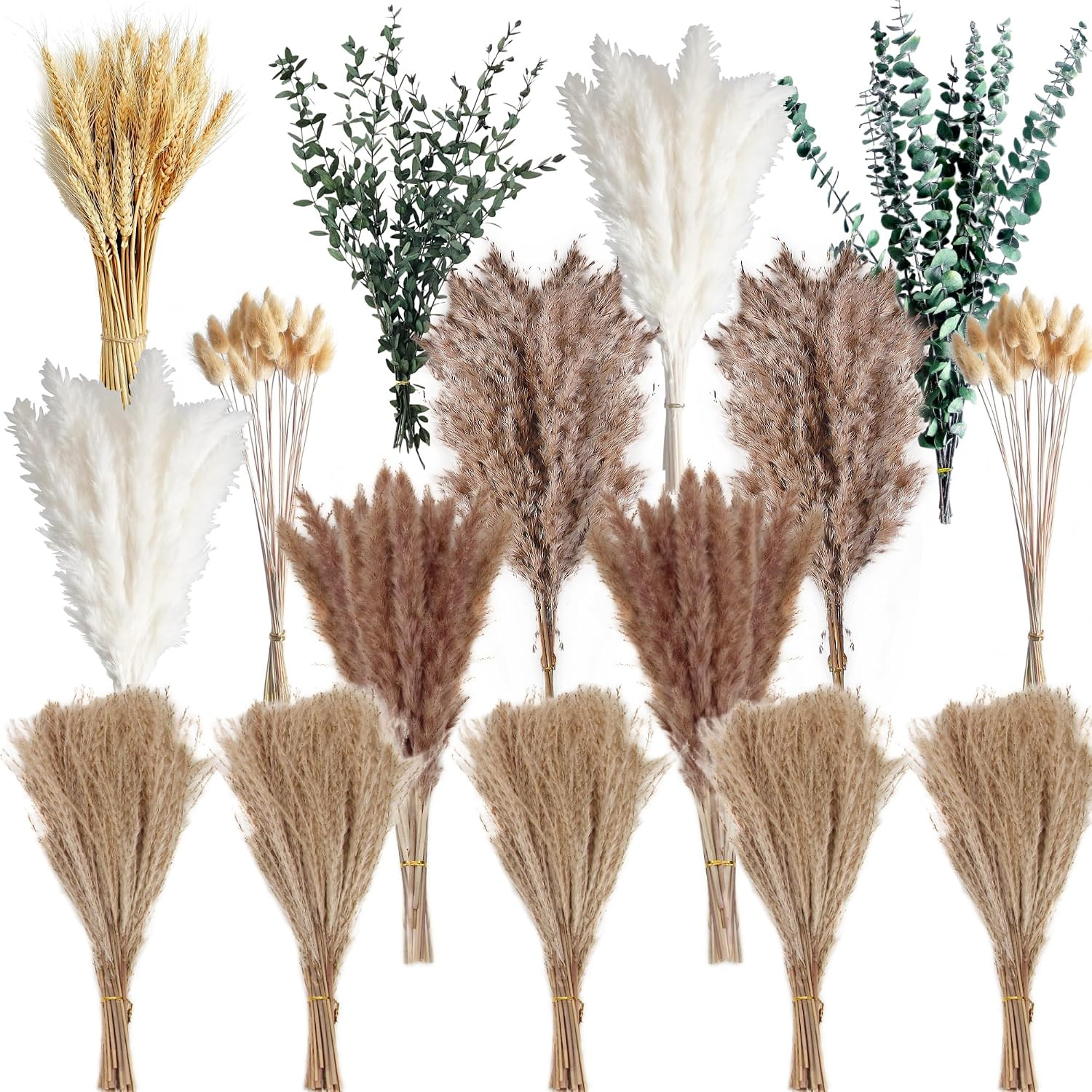 350PCS Dried Pampas Grass Bouquet Set – Dried Eucalyptus, Brown Pampas Grass & W