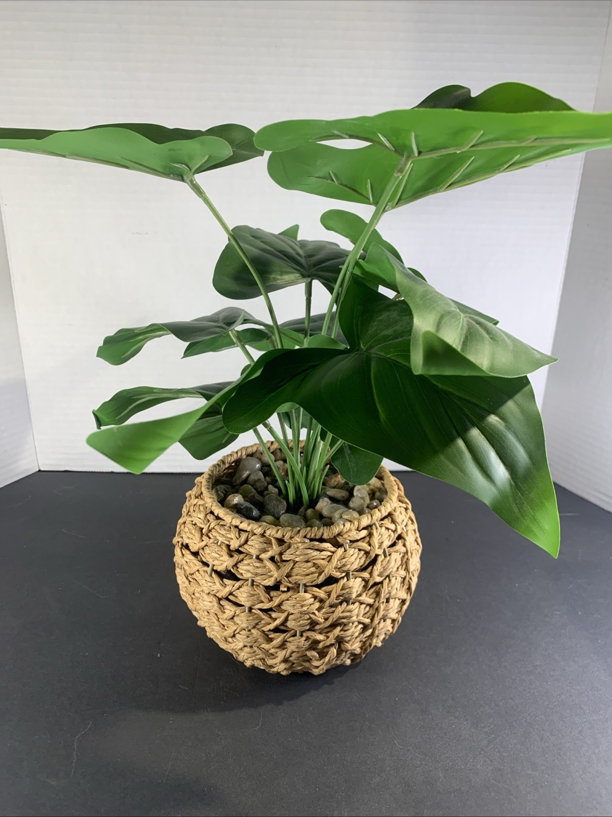 Faux Tropical Sweetheart Plant Seagrass Woven Planter Alocasia River Rock 12”