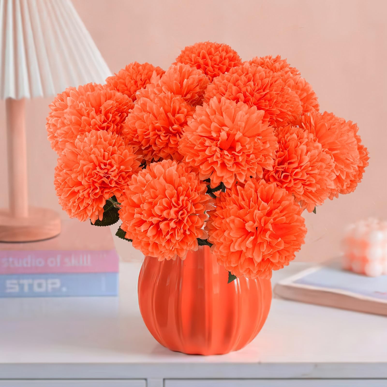 12 PCS Orange Artificial Chrysanthemums Marigolds Ball Silk Fall Fake Flowers