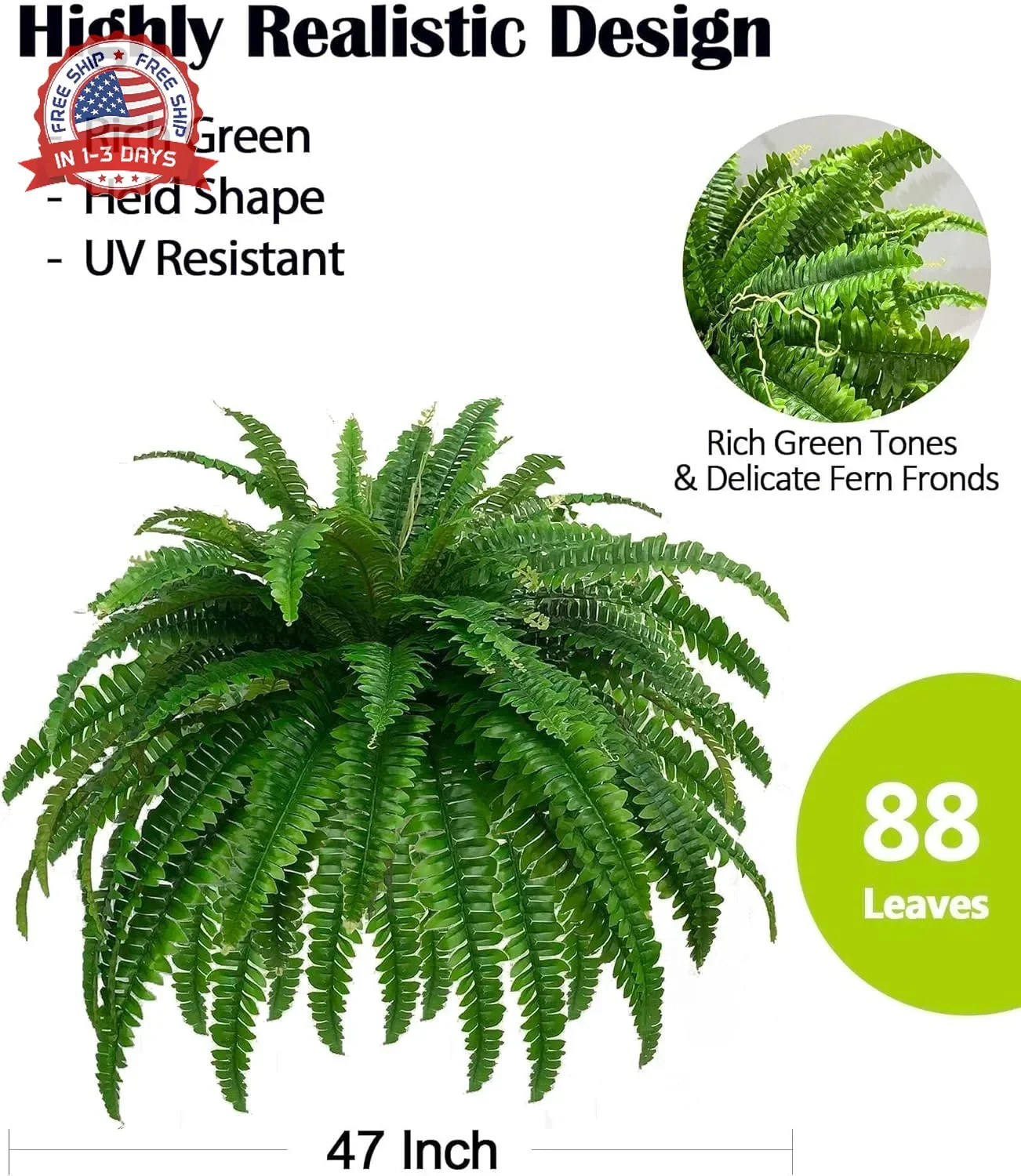 GYERB 48″ Large Artificial Boston Fern Plants for Outdoor Indoor, Fake Ferns for