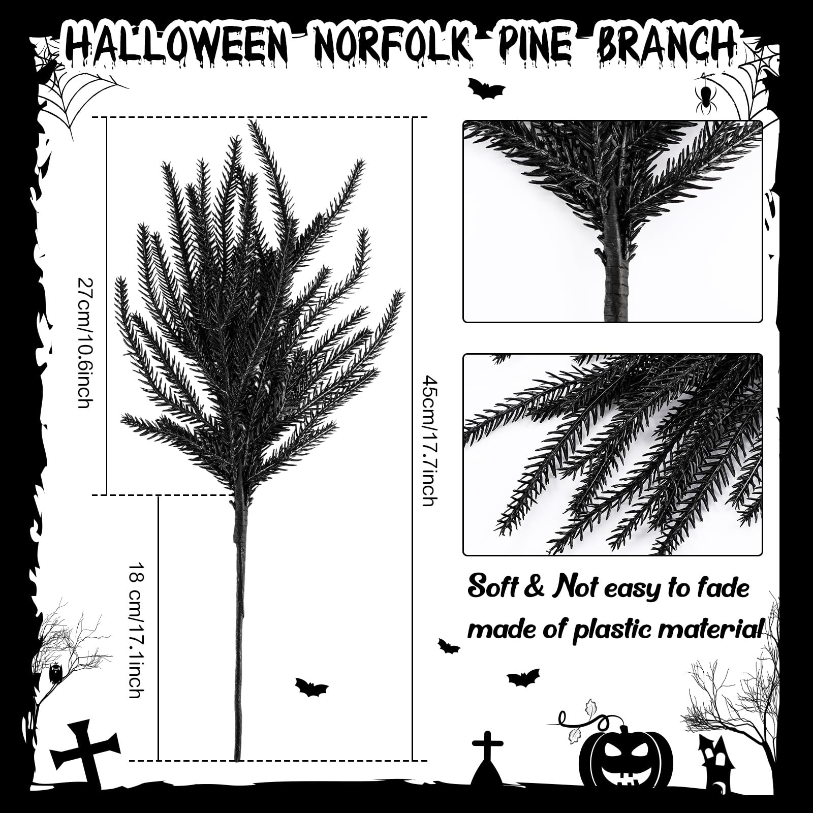 12 Pcs Halloween Artificial Flowers 17.7 Inch Faux Black Norfolk Pine Branch