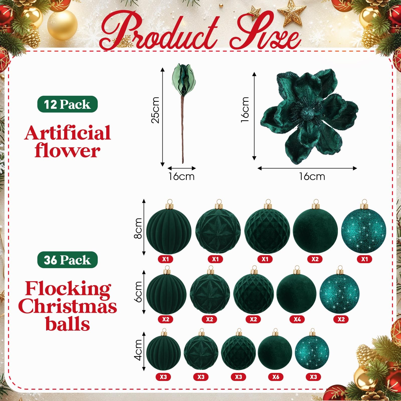 48 Pcs Christmas Tree Decoration Set 12 Glitter Poinsettia Magnolia Artificia…