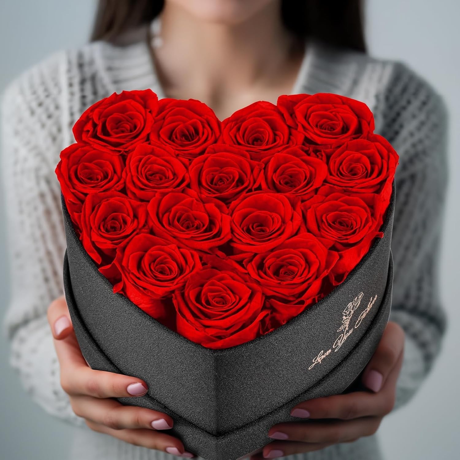 Preserved Roses Flowers for Delivery 16 Pcs, Forever Flores in Heart Box with Ne