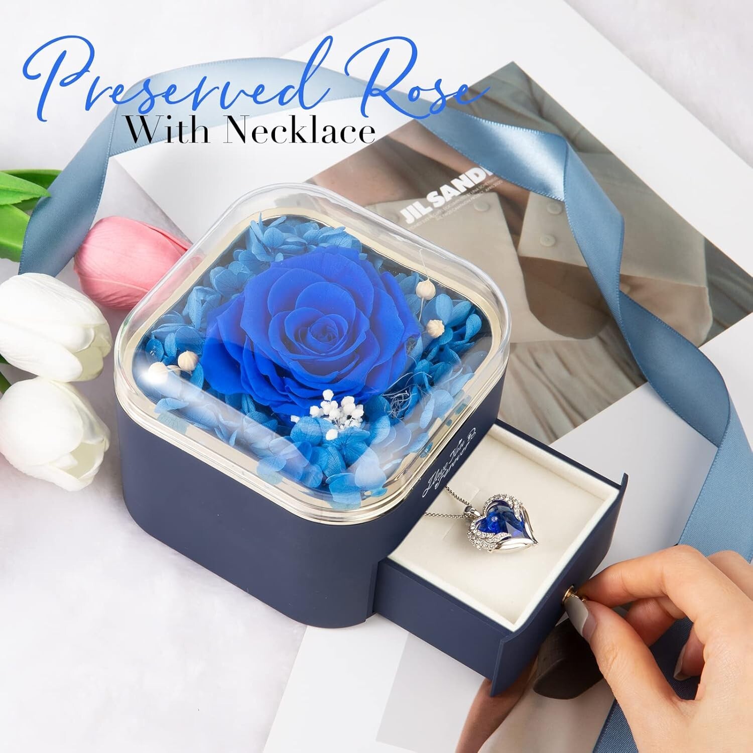 Stunning Blue Preserved Rose with Heart Necklace – Anniversary and Birthday Gift