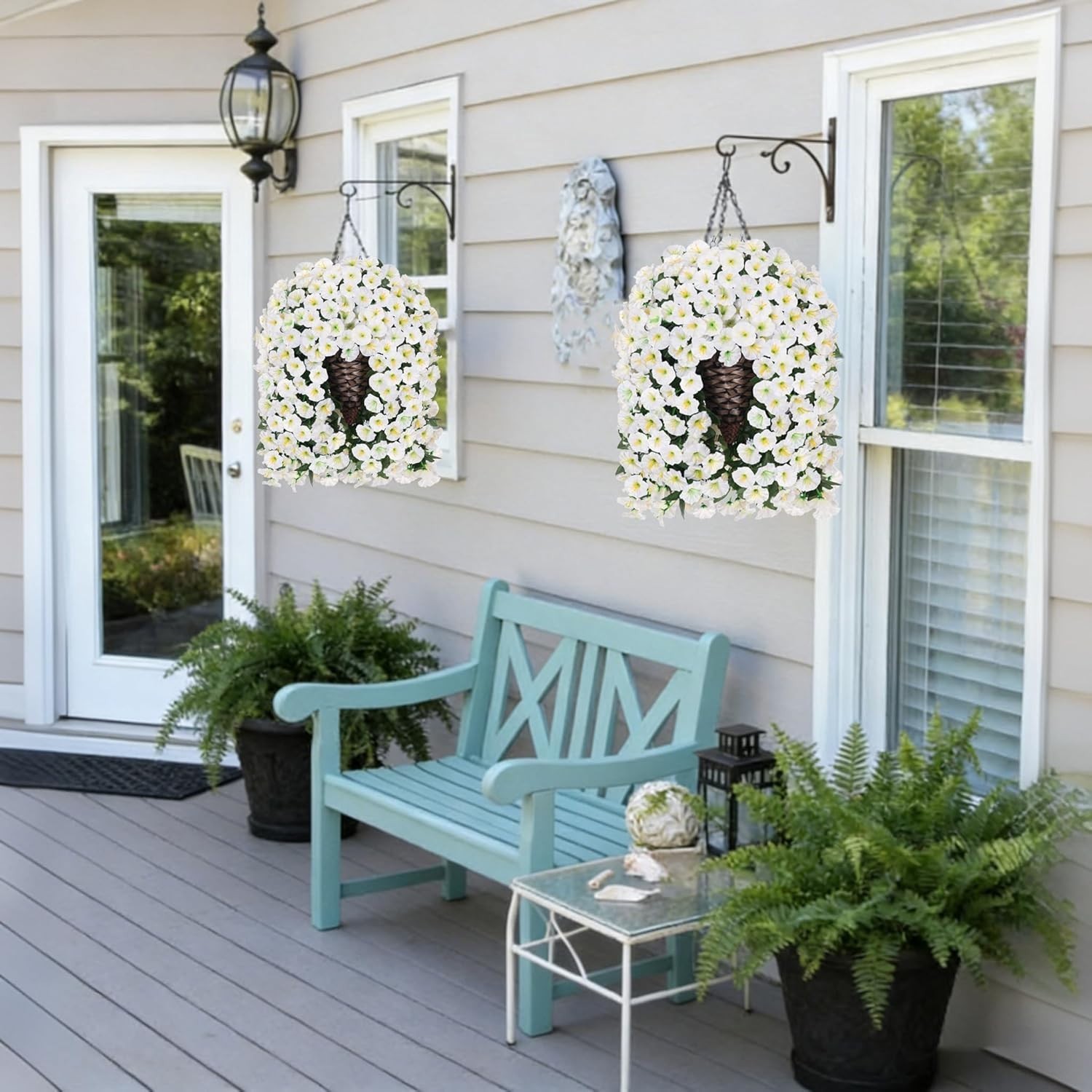 Indoor Outdoor Artificial White Morning Glory Flowers in Stylish Hanging Basket