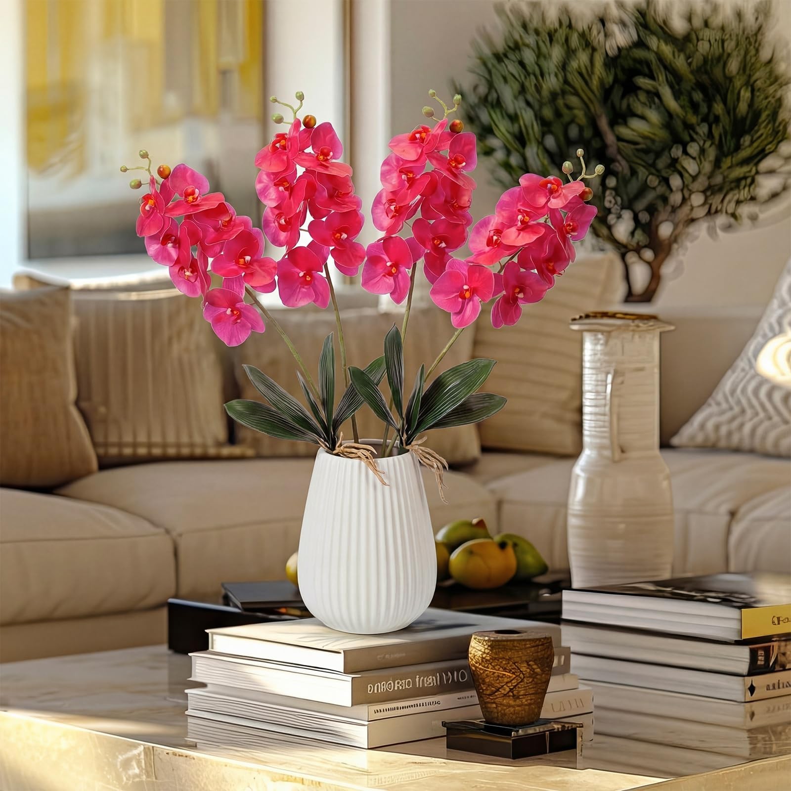 32 Inch Artificial Orchid with 4 Bundles Leaves – Silk Phalaenopsis, Faux Orc…