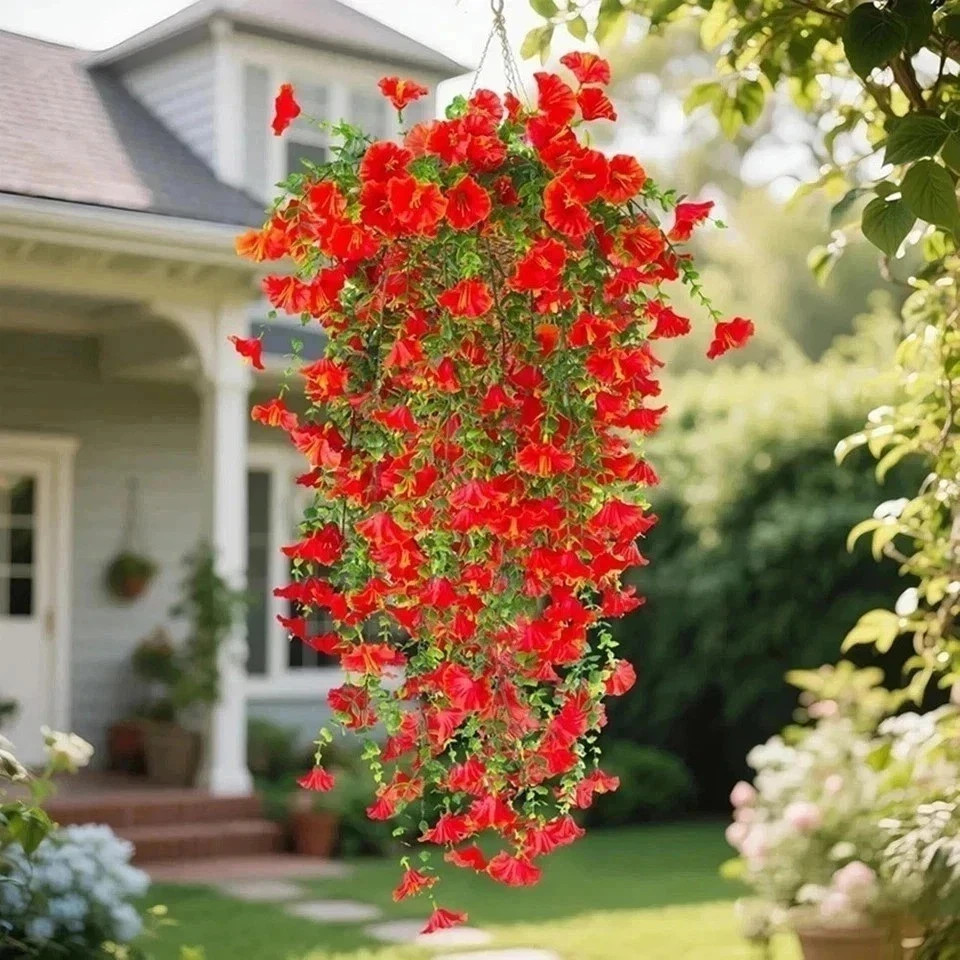 UV Resistant Faux Silk Morning Glory Hanging Flowers for Outdoor Decor 2 Pc Red