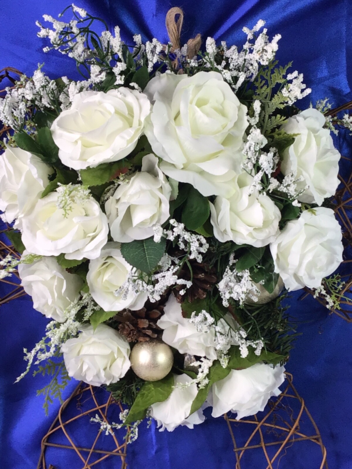 Gorgeous White Rose Floral Arrangement Made On A Large Natural Grapevine Bow