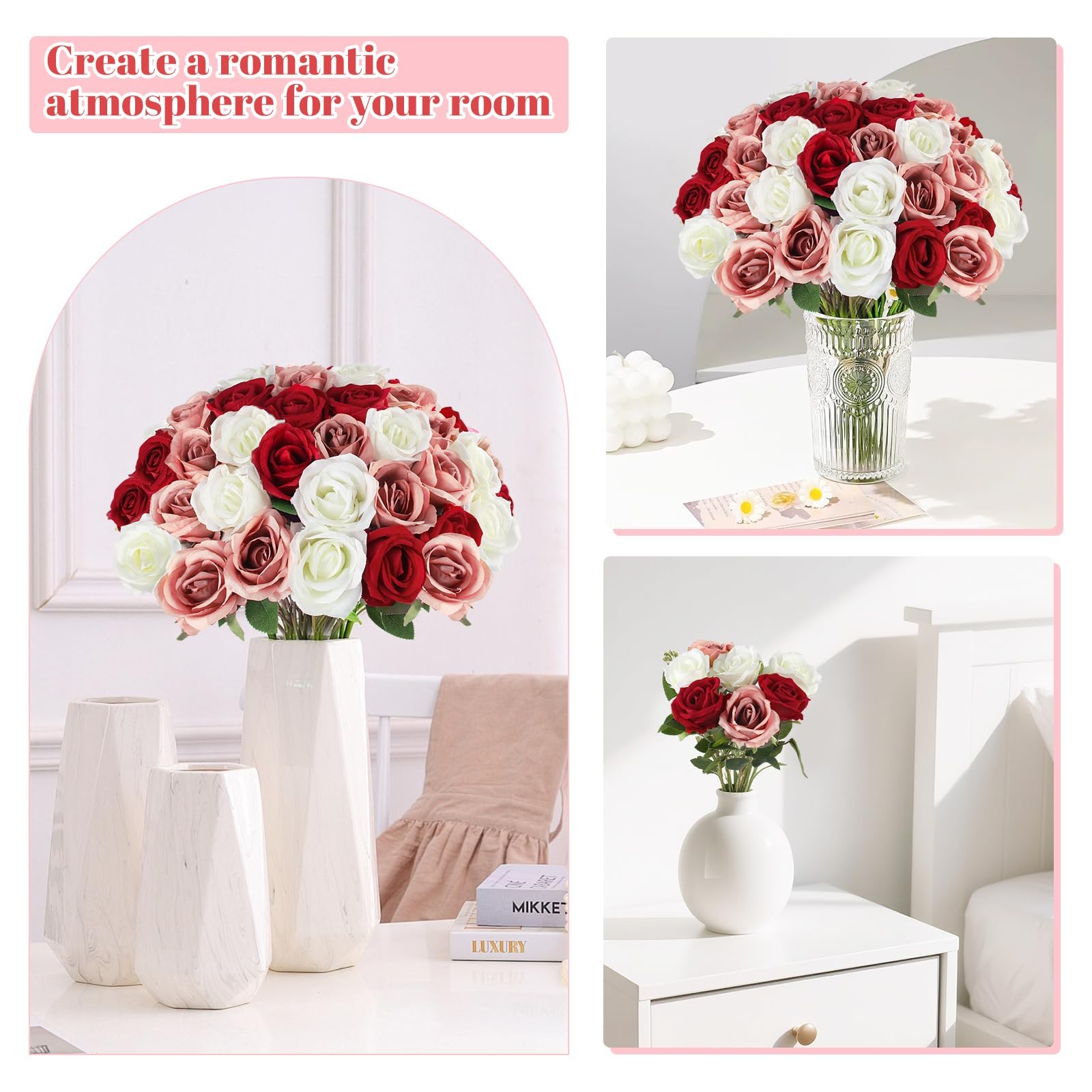 Artificial Roses Bulk White Rosy Silk Rose with Stem, 52pcs Fake Flowers Deco…