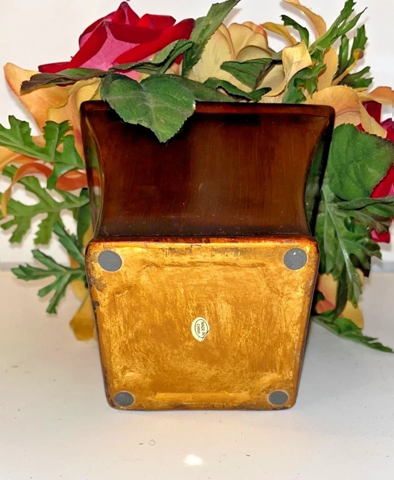 Red & Yellow Faux Flower Roses Centerpiece Beige Mahoga Brown Neutral Home Decor