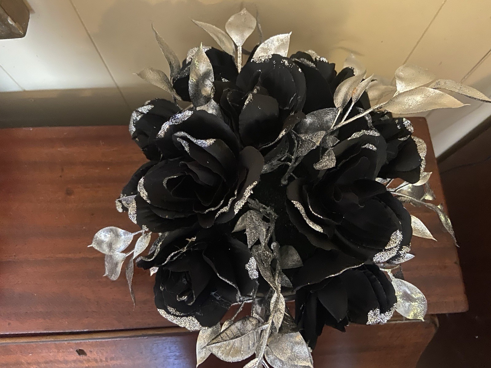 Handcrafted Black And Silver Glitter Rose Arrangement