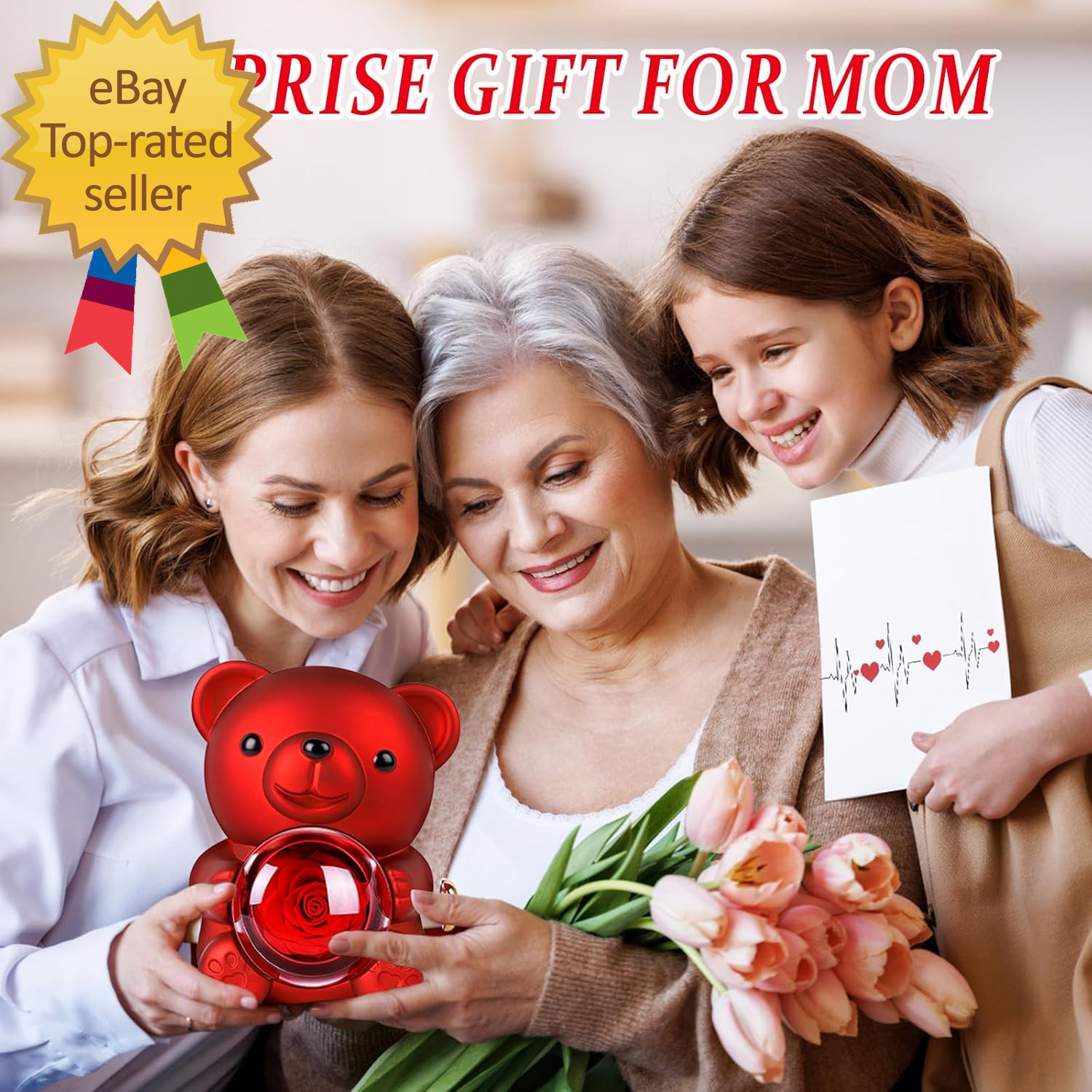 Cute Teddy Bear Preserved Rose Eternal Flowers Rotating Rose Box with Necklace
