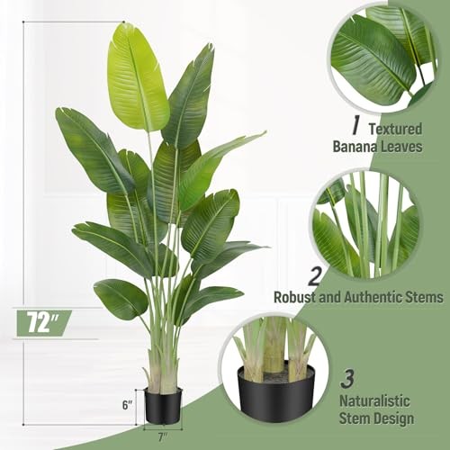 Lifelike Bird of Paradise Artificial Plant,Faux Banana Leaf Tree with3 6ft 1