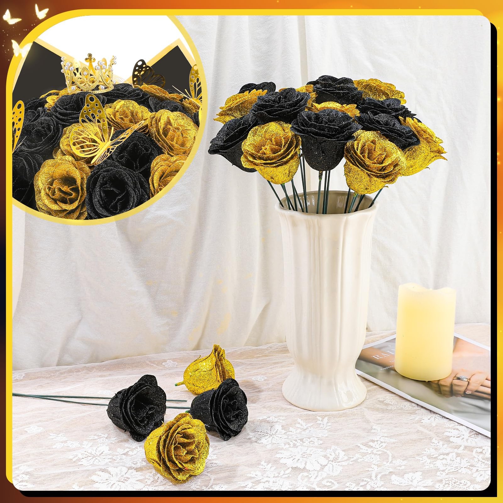 36 PCS Glitter Roses Bouquet Kit, Black, Gold Sparkling Flower Arrangement wi…