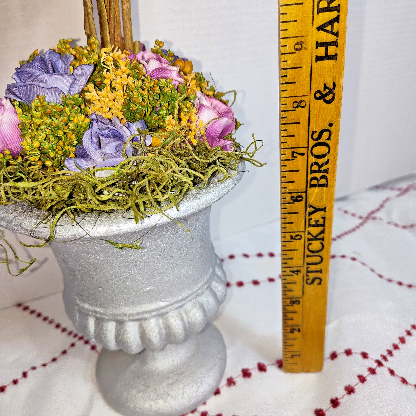 Decorative Floral Topiary in Silver Urn Pot – Purple, Yellow & Green, 18″ Tall