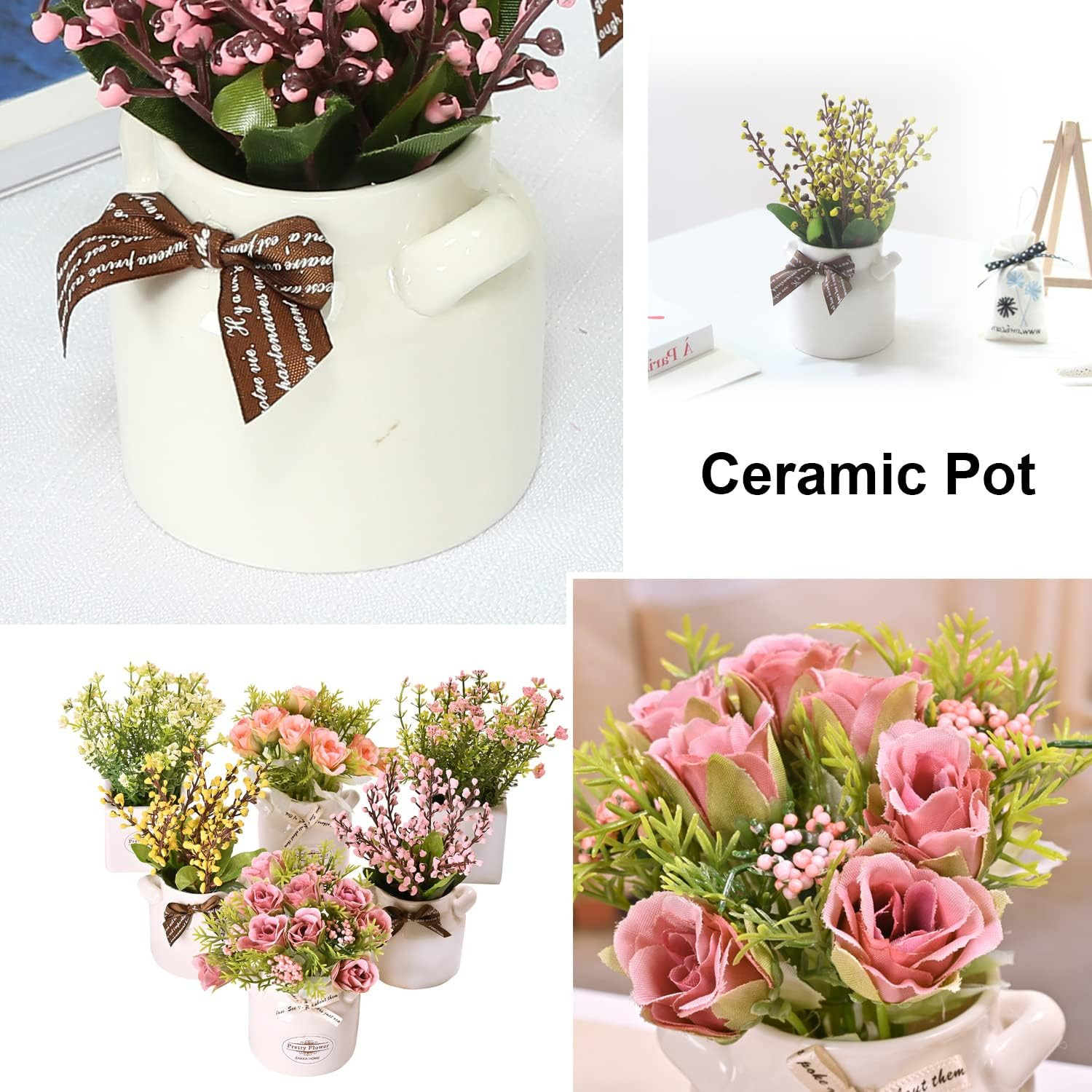 6Pcs Artificial Flowers with Ceramic Pot Small Faux Spring Flowers in Vase