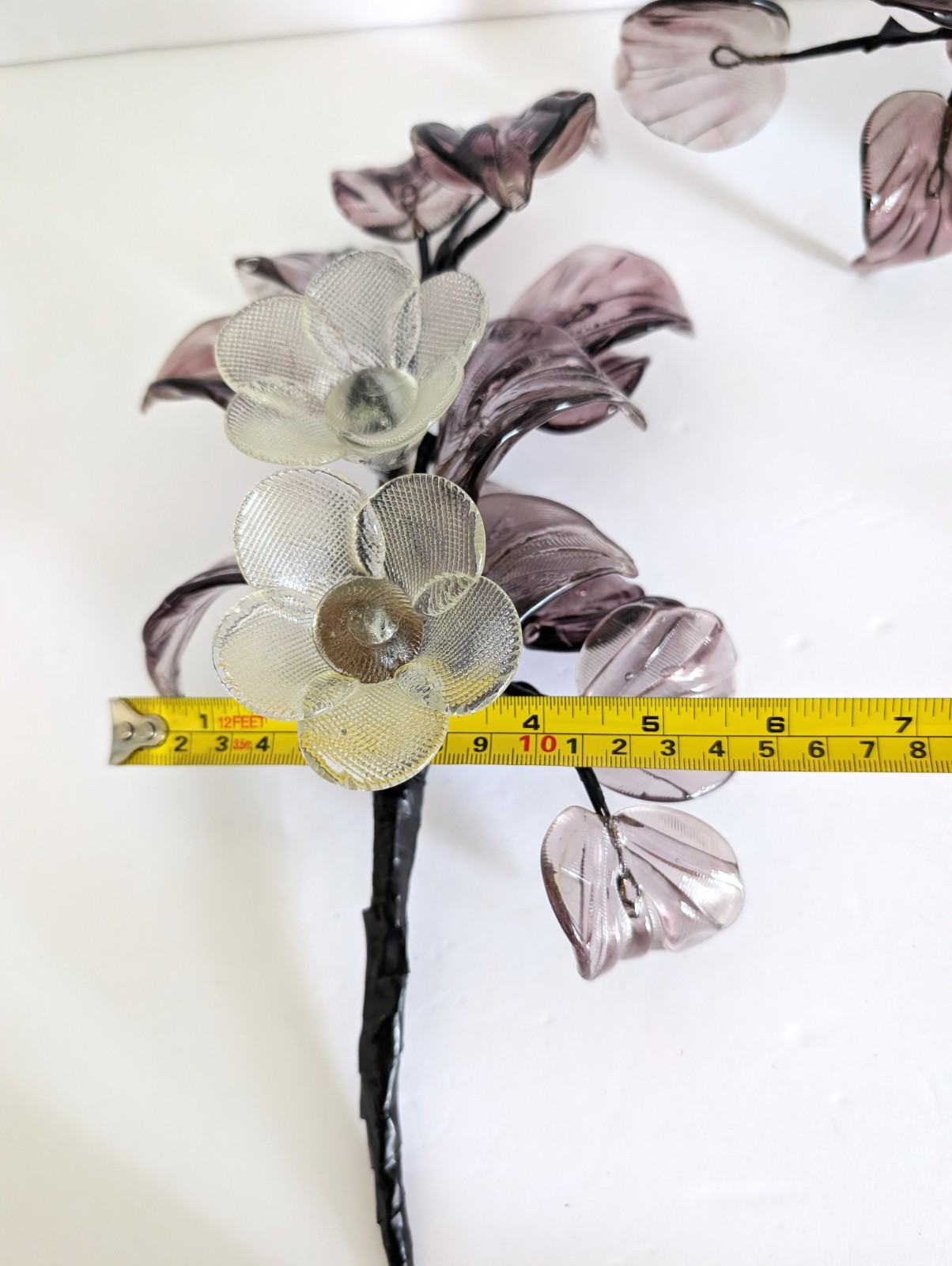 Vintage Hand Blown Glass Smoky Amethyst Flower Branches Set Of 3 Stalks MCM 15″