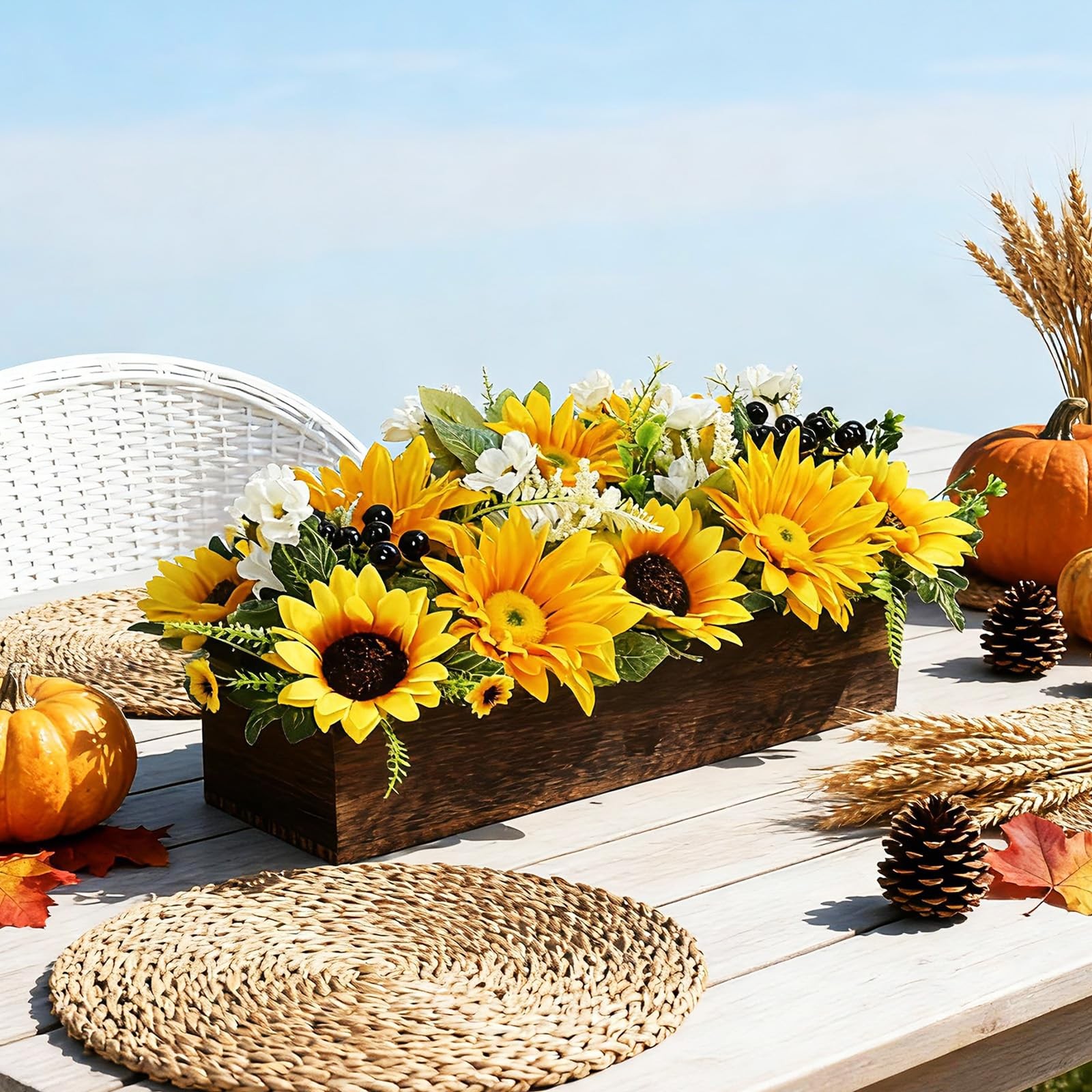 Sunflower Arrangement with Wood Tray Centerpieces for Tables Home Decor