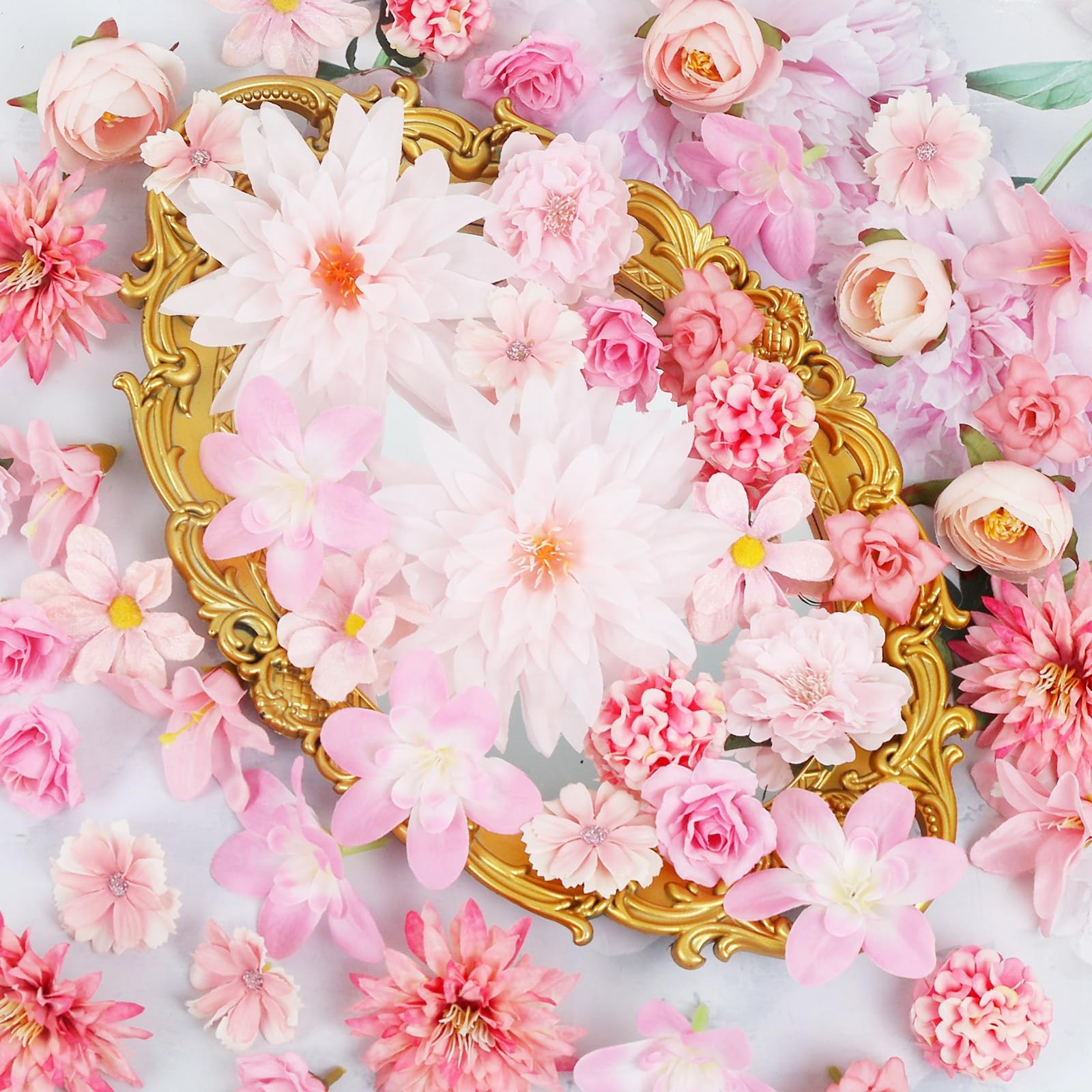 48 PCS Fake Flowers Heads Artificial Bulk Silk Faux Rose DIY Craft Pink