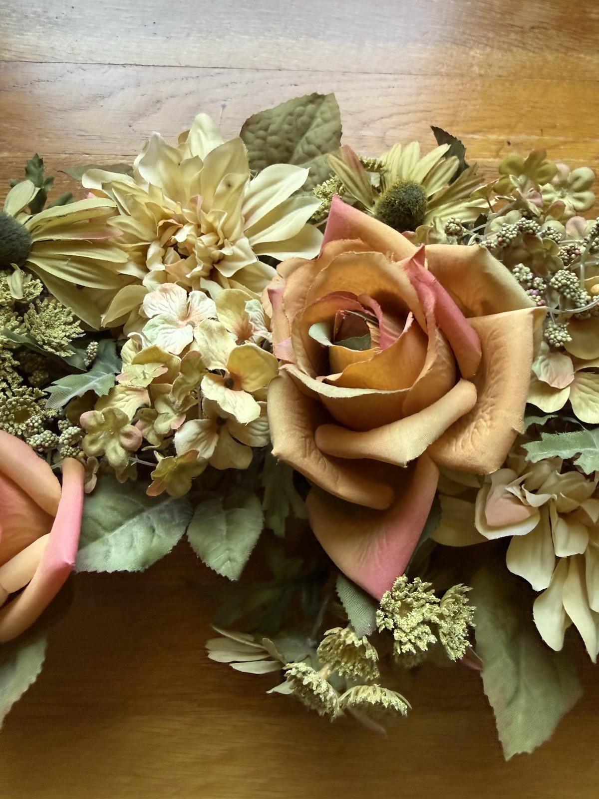 Faux Flower Garland Swag Roses & Dahlia Peach, Green, Cream Wedding Arch 38 x 10