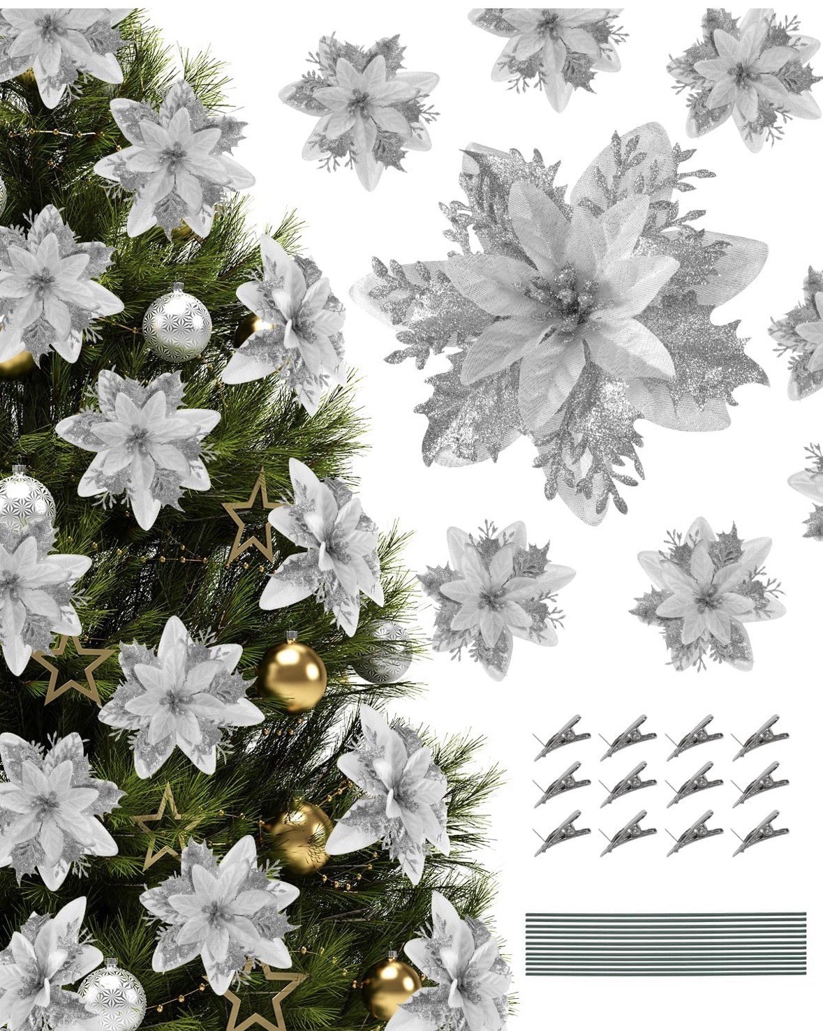 12pc Silver Articial Glitter Poinsettia Flowers Clips & Stems Christmas 5.5in