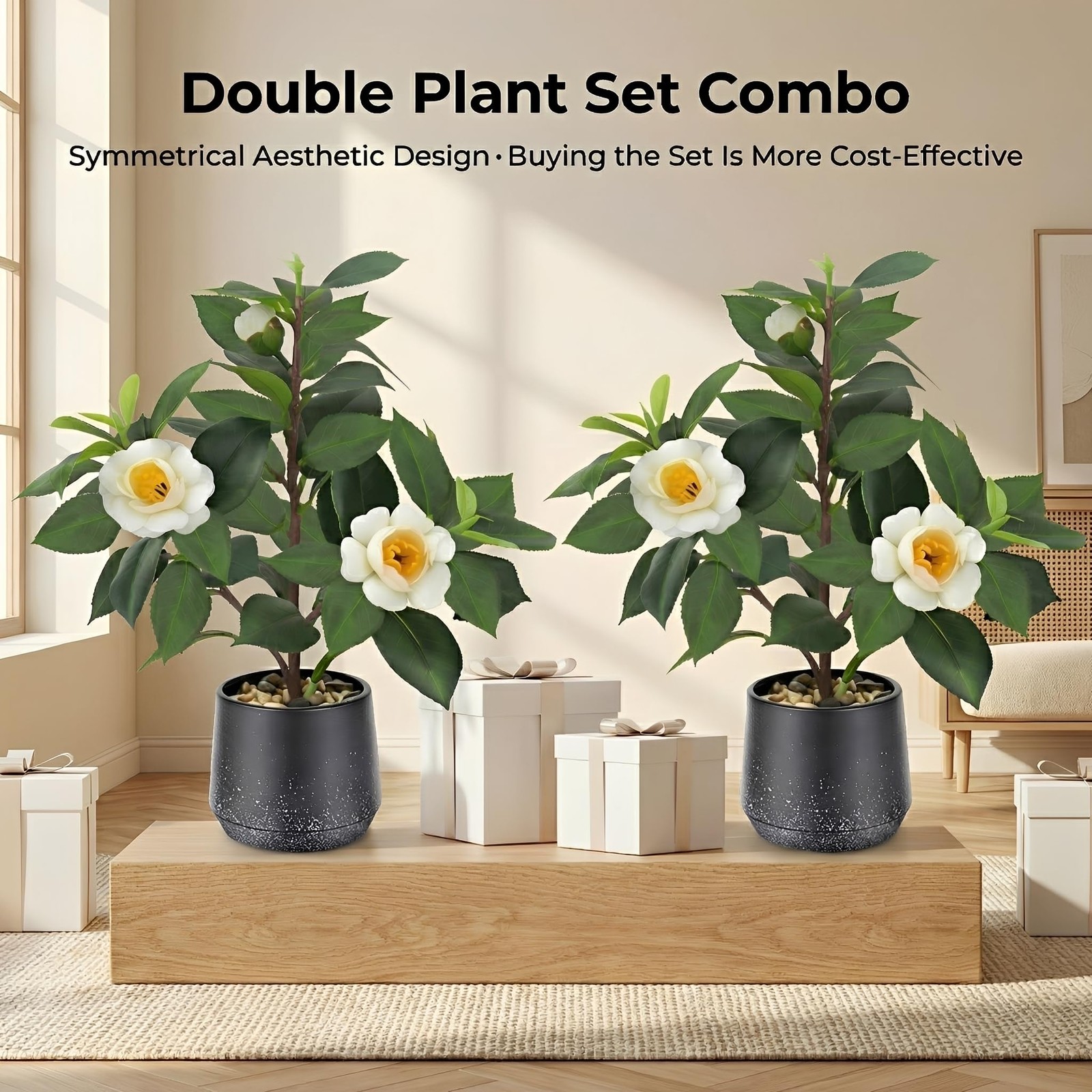 12″ Artificial Small Camellia Flowers Tree Potted Fake Plants Bonsai Decorati…