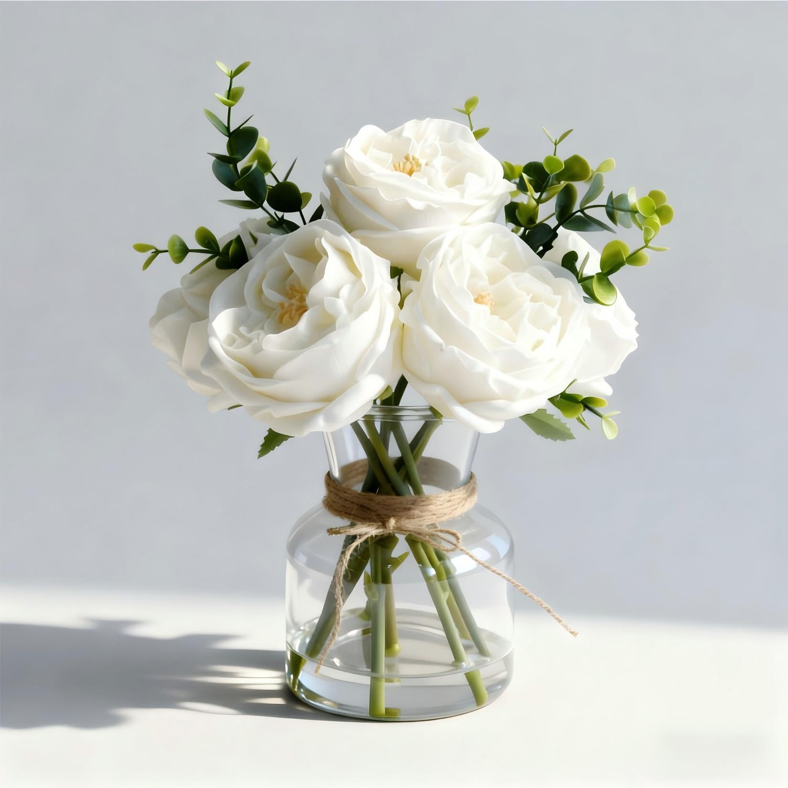 Elegant White Artificial Roses in Vase w/ Faux Water Lifelike Flower for Wedding