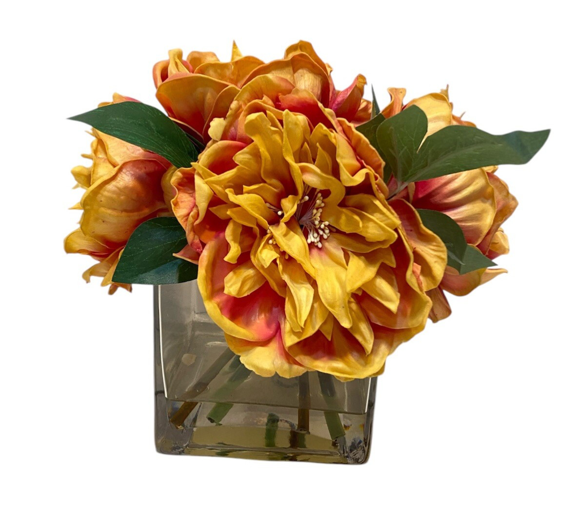 Artificial Flowers in Vase with Faux Acrylic Water Peonies Floral Peach Yellow