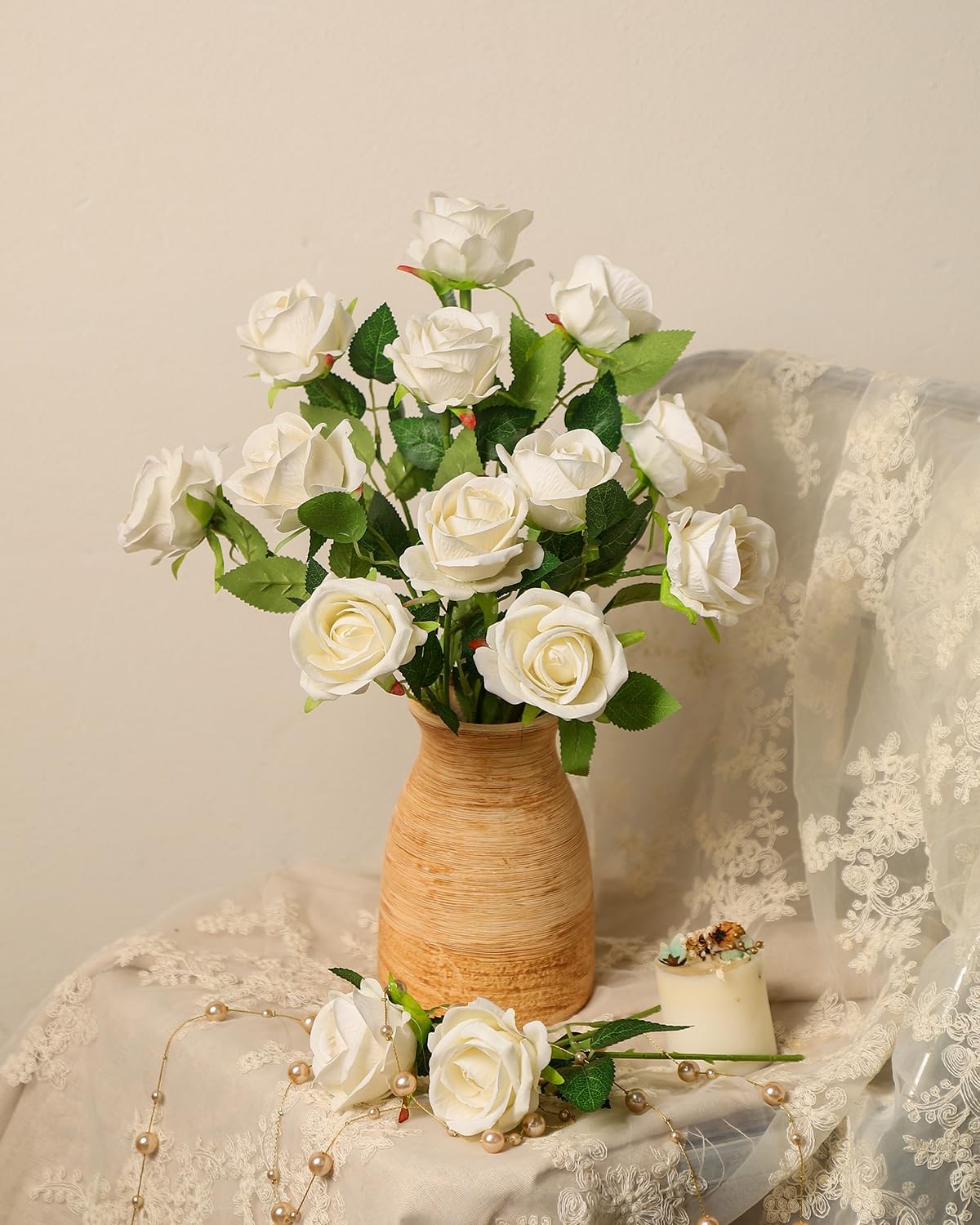White Roses Artificial Flowers in Bulk, 50Pcs Premium Velvet Fake Roses with …