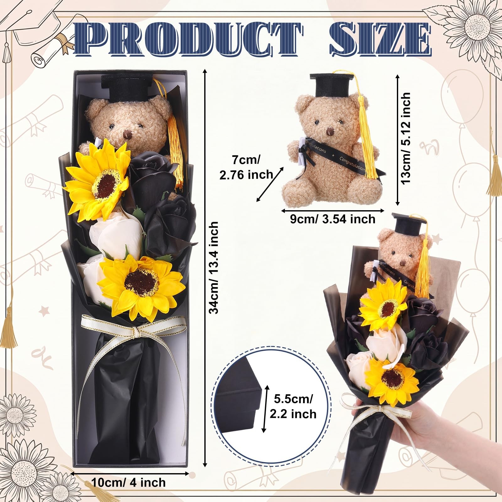13″ 2026 Graduation Bear Bouquet Rose Sunflower Scented Soap Flower Money Bou…