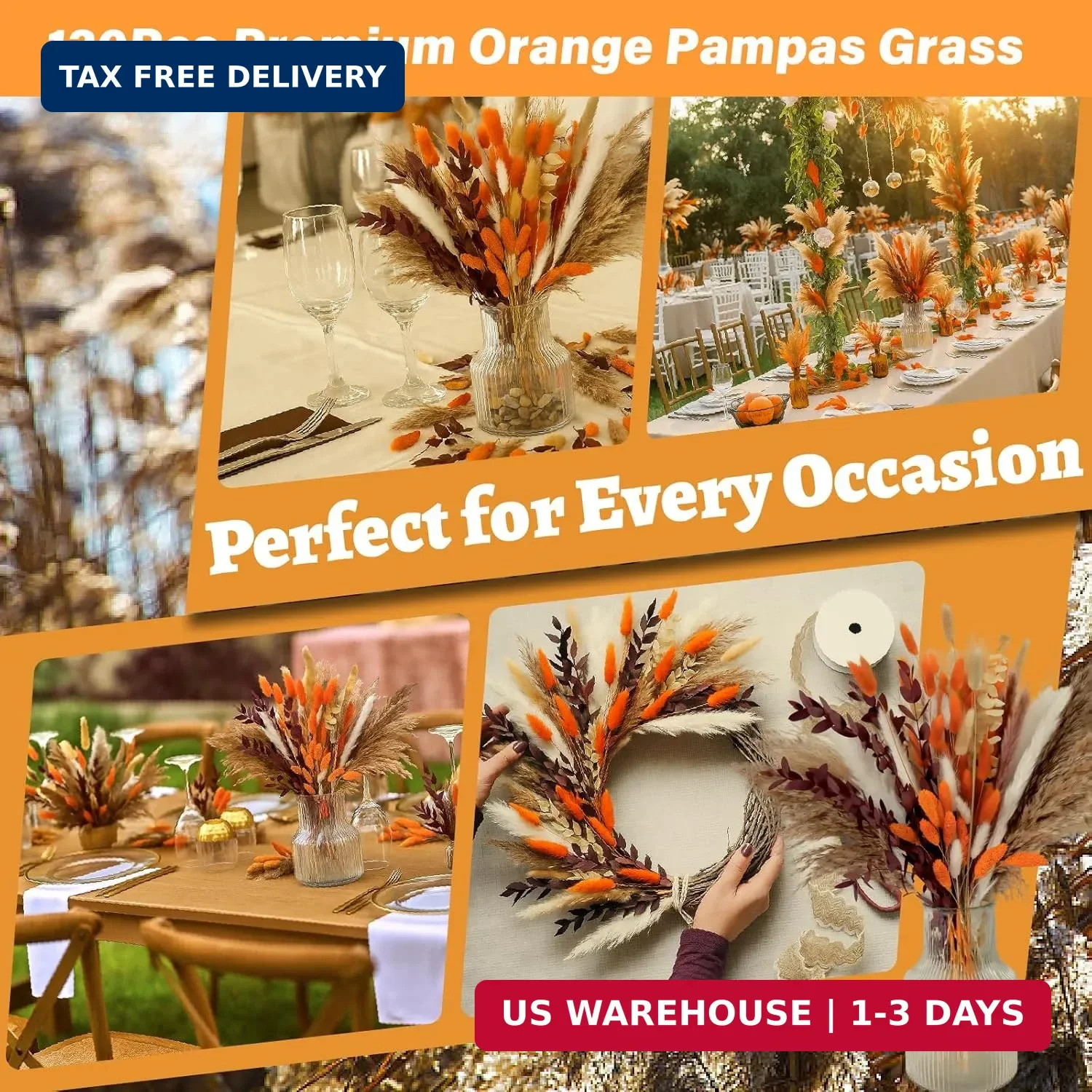 130Pcs Real Orange Pampas Grass, 17″ Natural Dried Flowers Boho Winter Decor, Mi