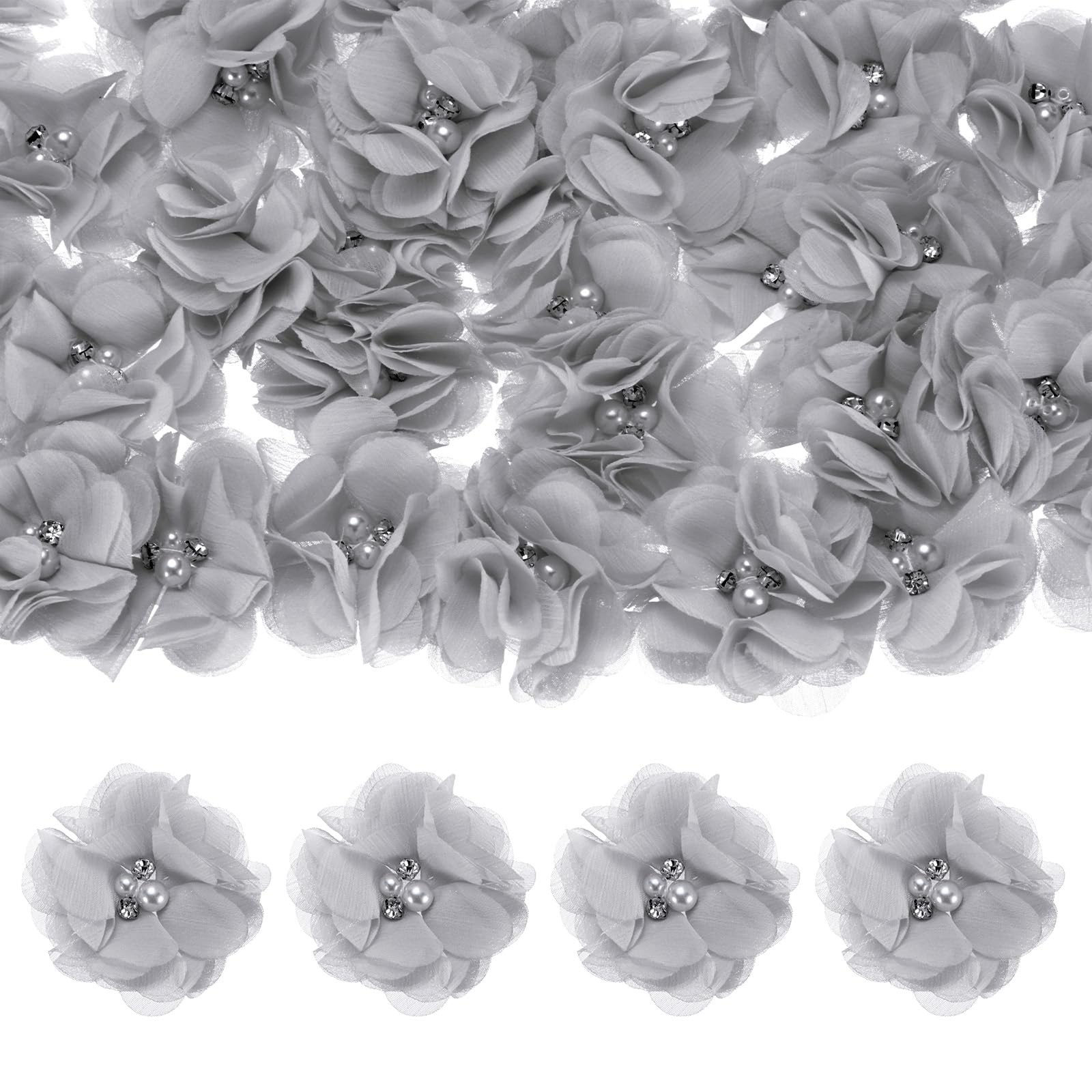 15 PCS Rhinestone Pearl Chiffon Flowers 2.17×2.17 Inch Mesh Fabric DIY Gray