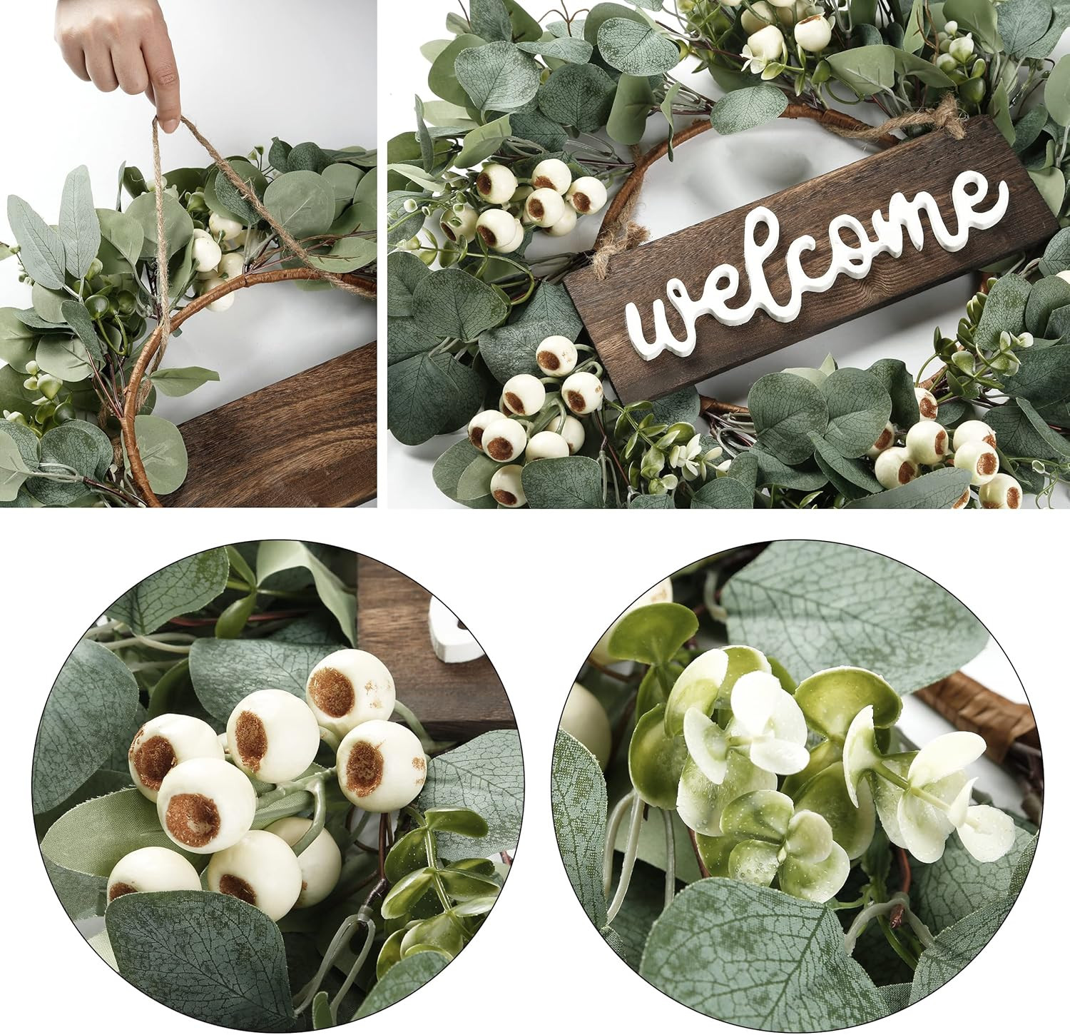 Green Artificial Eucalyptus Wreath with Welcome Sign 20In Spring Summer Wreath w
