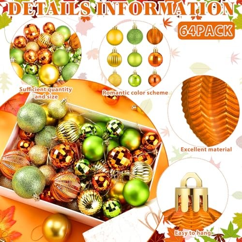 64 Pcs Fall Ball Ornaments Matt Glitter Lime Green Gold Orange Foison Style