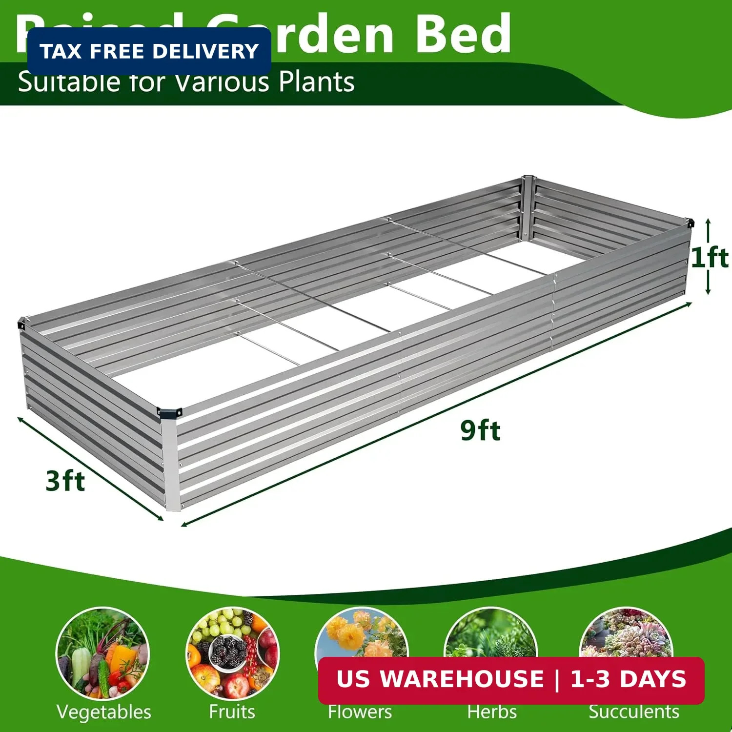 2PCS 9x3x1ft Galvanized Raised Garden Bed Kit,Metal Planter Box for Vegetables,F