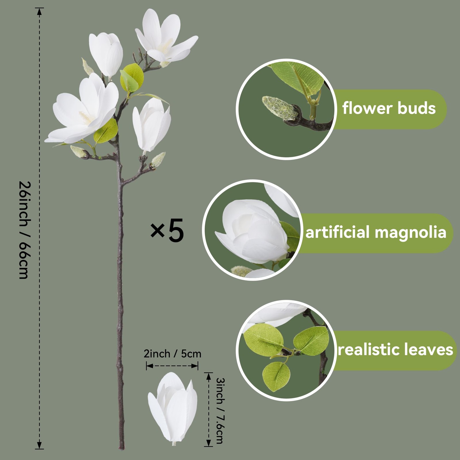 5PCS Artificial Magnolia Flowers Stems, Fake White Magnolia Floral Buds, 26″ …