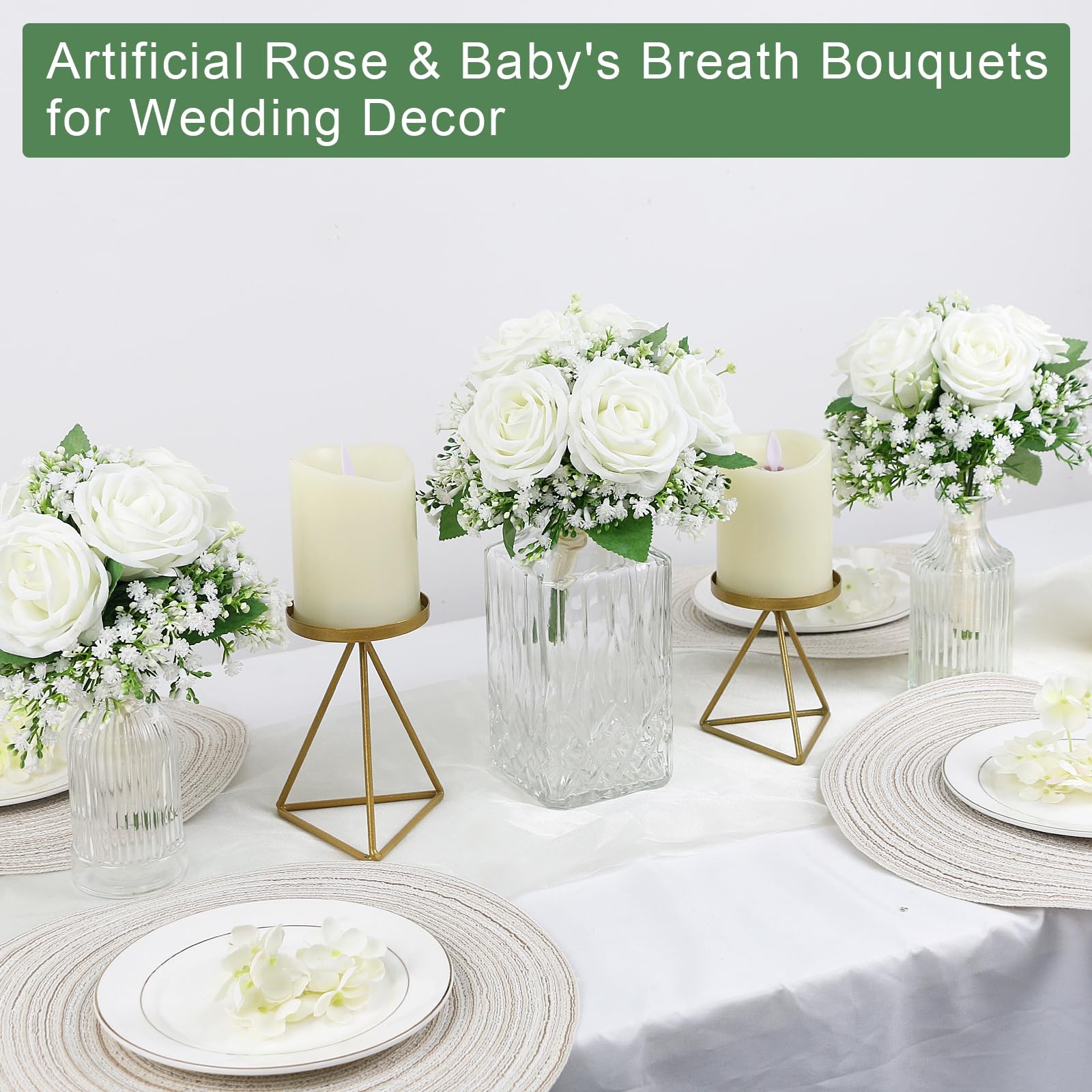 Set of 4 Bridesmaid Bouquets for Wedding – 7 Inch Ivory White Fake Flower Bou…