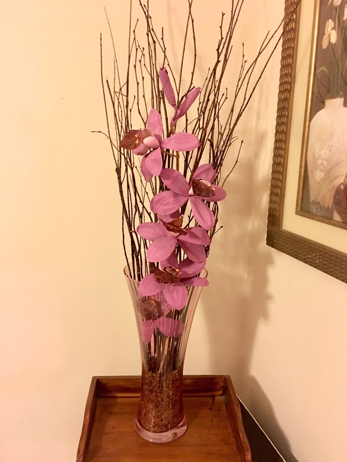 Floral Arrangement Wedding Centerpiece Birch Branches Pink Glass Vase Handmade