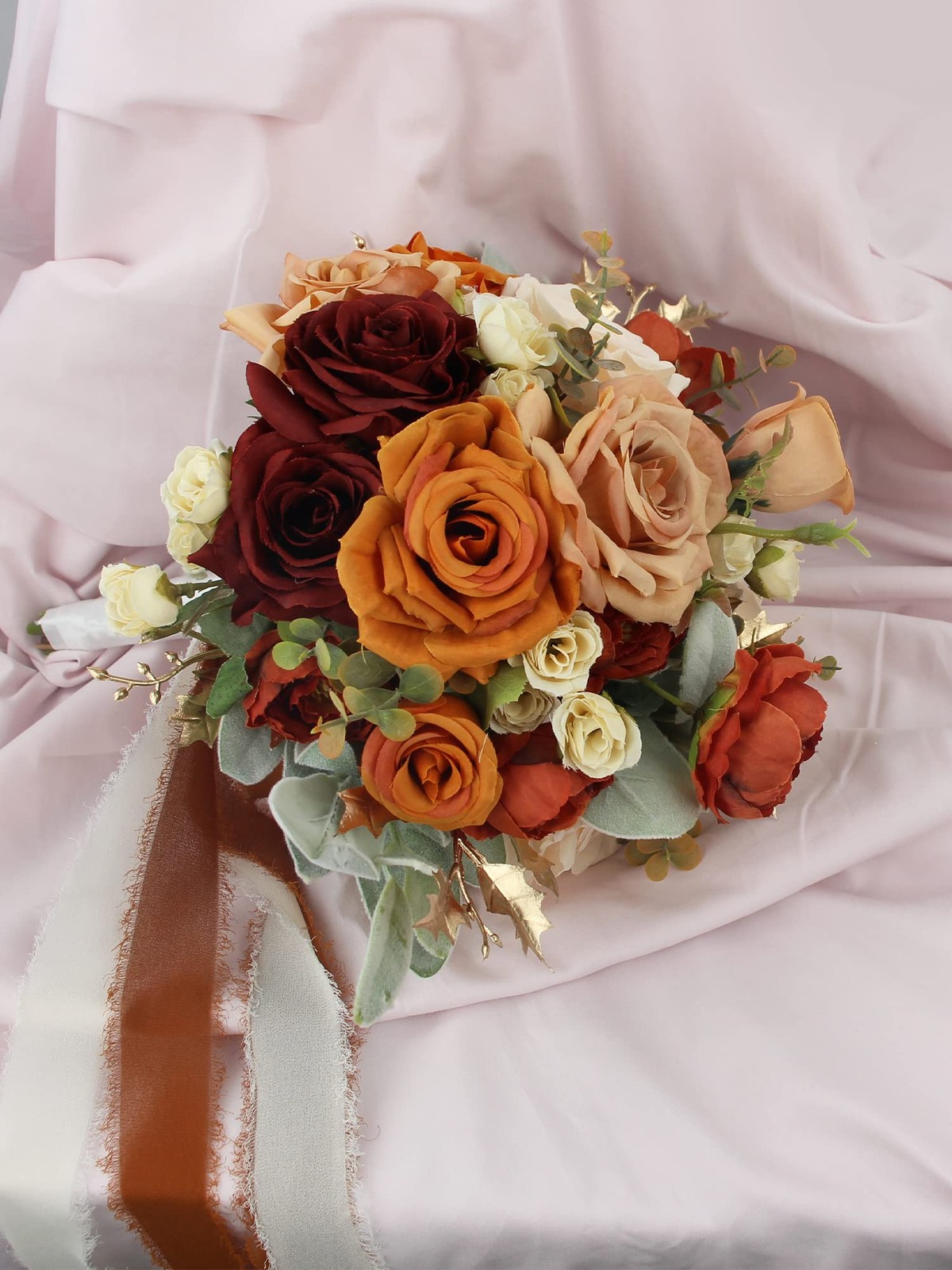 Rinlong 9″ Wide Burnt Orange Wedding Bouquet for Bride, Rustic Terracotta Art…