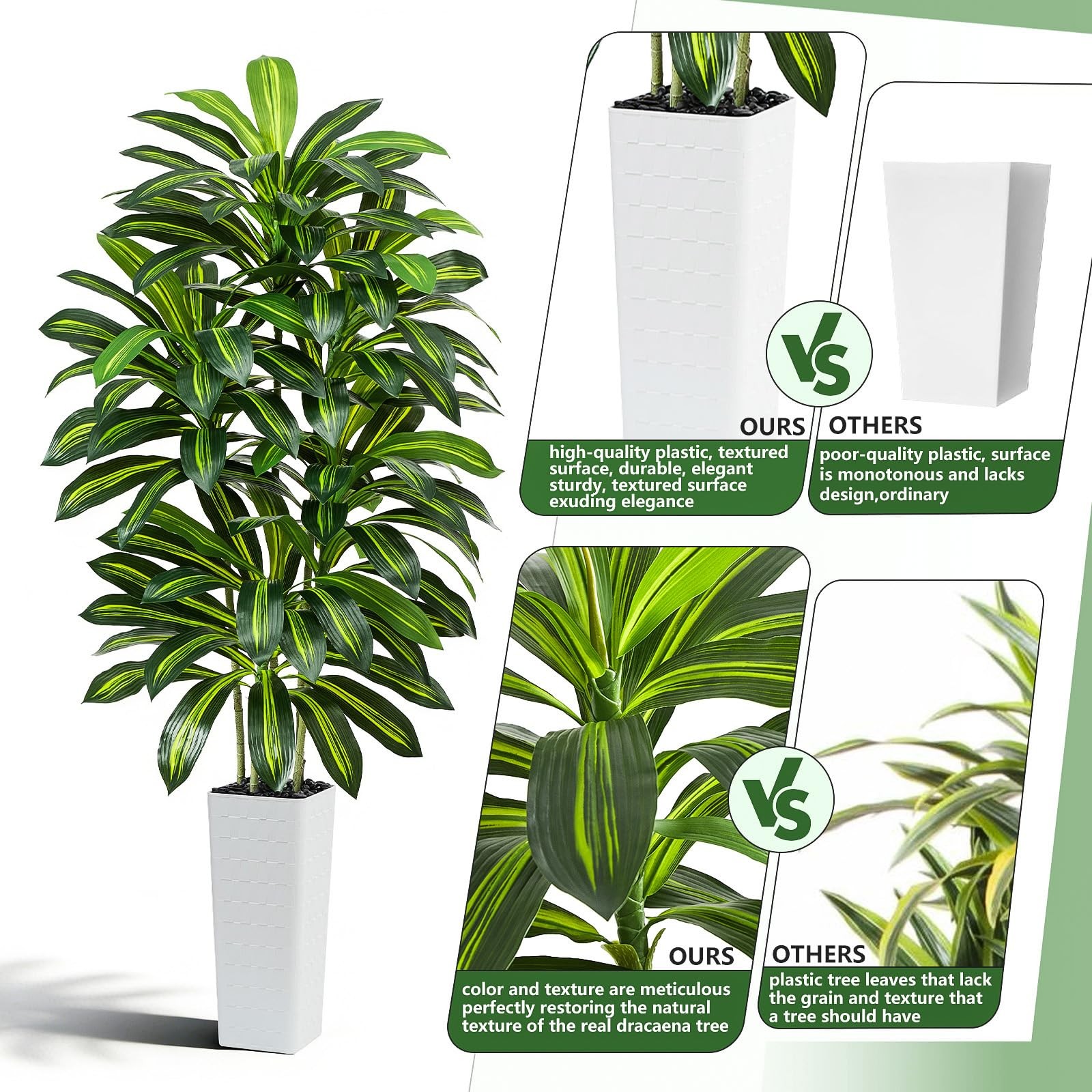 Artificial Dracaena Tree – 7FT Tall Fake Plants with White Tall Planter – Art…
