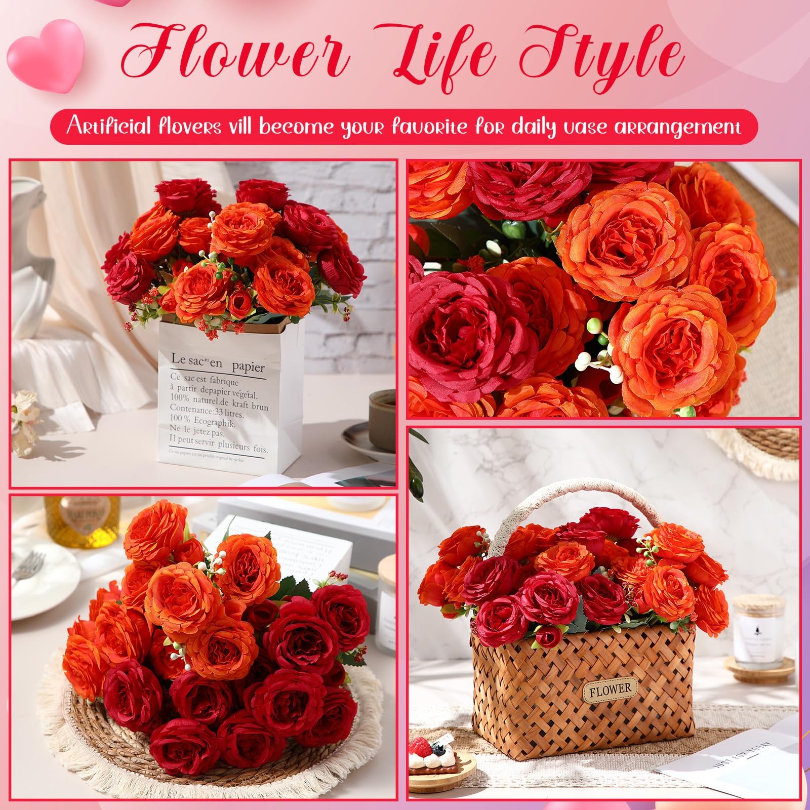 16 PCS Orange Artificial Peonies Flowers Silk Bouquet Faux Floral Arrangement
